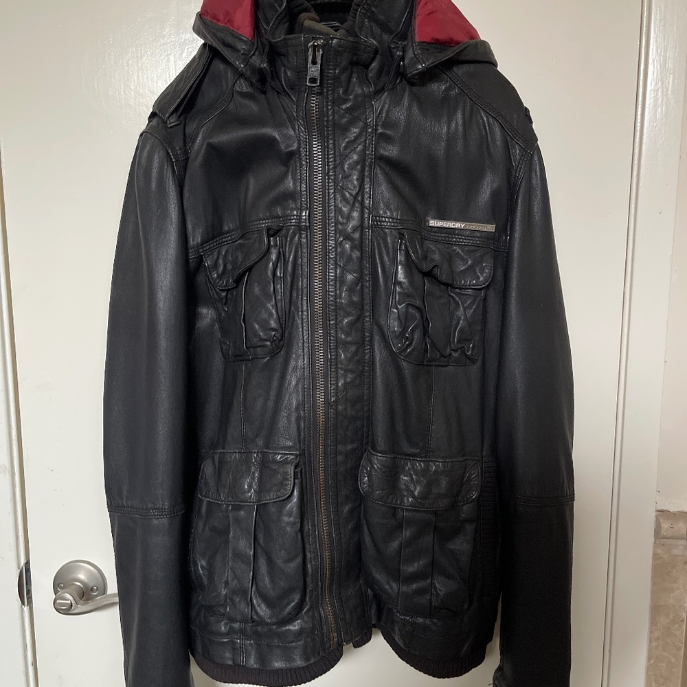 Superdry hooded bomber black leather with red lining size medium mens